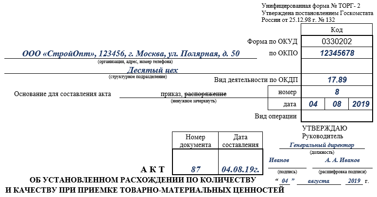 Акт о расхождении по количеству и качеству торг 2 образец заполнения в 1с