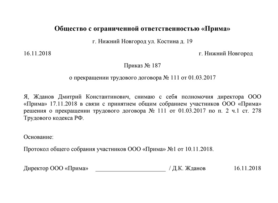 Как оформить увольнение директора ооо по собственному желанию образец