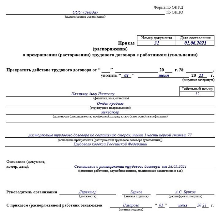 Запись в трудовой по соглашению сторон в 2022 году образец